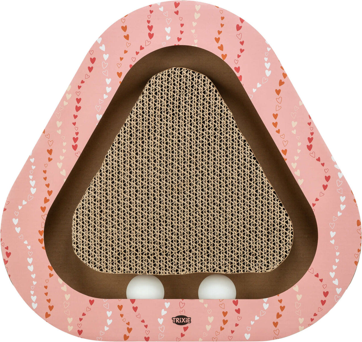 Dreieckige Kratzmatte aus Pappe mit rosa, herzgemustertem Rand, zwei weiße Kugeln im Inneren.