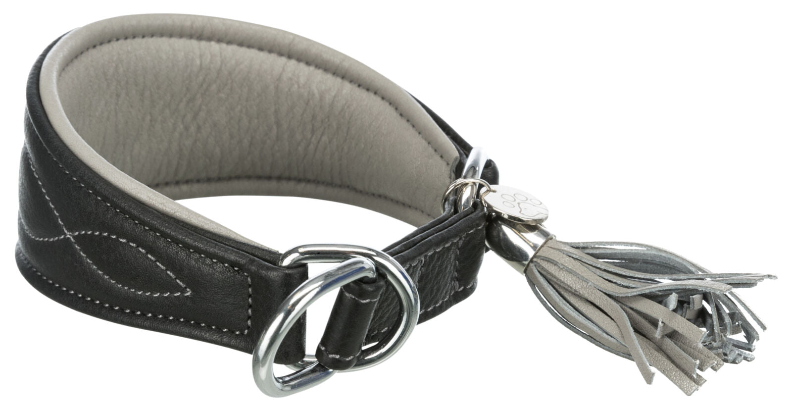 Schwarzes Hundehalsband aus Leder mit silbernem Ring, Schleife und dekorativem Anhänger.