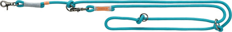 Blaue Hundeleine mit silbernem Karabinerhaken und Lederdetails, mehrfache Knoten und Schlaufen sichtbar.
