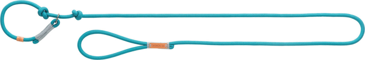 Türkise Hundeleine mit Schlaufen an beiden Enden und beschriftetem Textilstreifen, geeignet für Spaziergänge.
