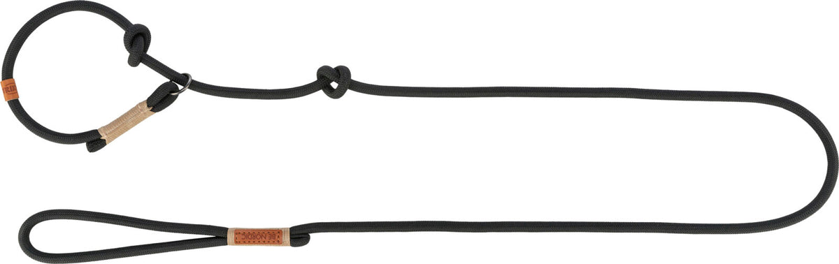 Schwarze Hundeleine mit verstellbarem Halsband und Schlaufe, Lederdetails an den Verbindungsstellen.