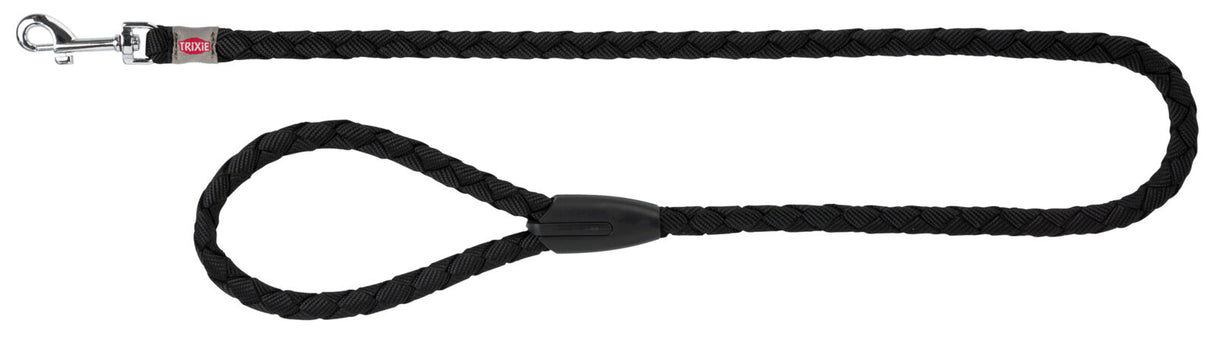 Schwarze, geflochtene Hundeleine mit Schlaufe und Metallkarabiner, rote Marke "Trixie" sichtbar.