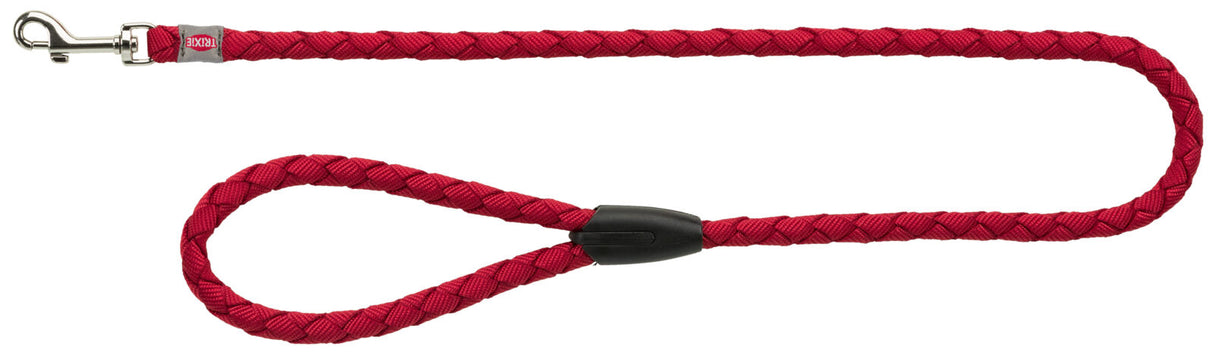 Rote geflochtene Hundeleine mit einem silbernen Karabinerhaken und schwarzem Griffstück.