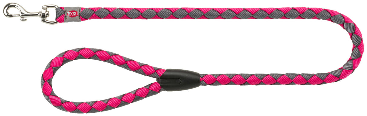 Grau-pink geflochtene Hundeleine mit silbernem Karabinerhaken und schwarzem Verbindungsstück.