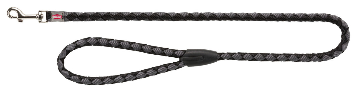 Geflochtene Hundeleine in Schwarz und Grau mit silbernem Karabinerhaken und rotem "Trixie"-Logo.