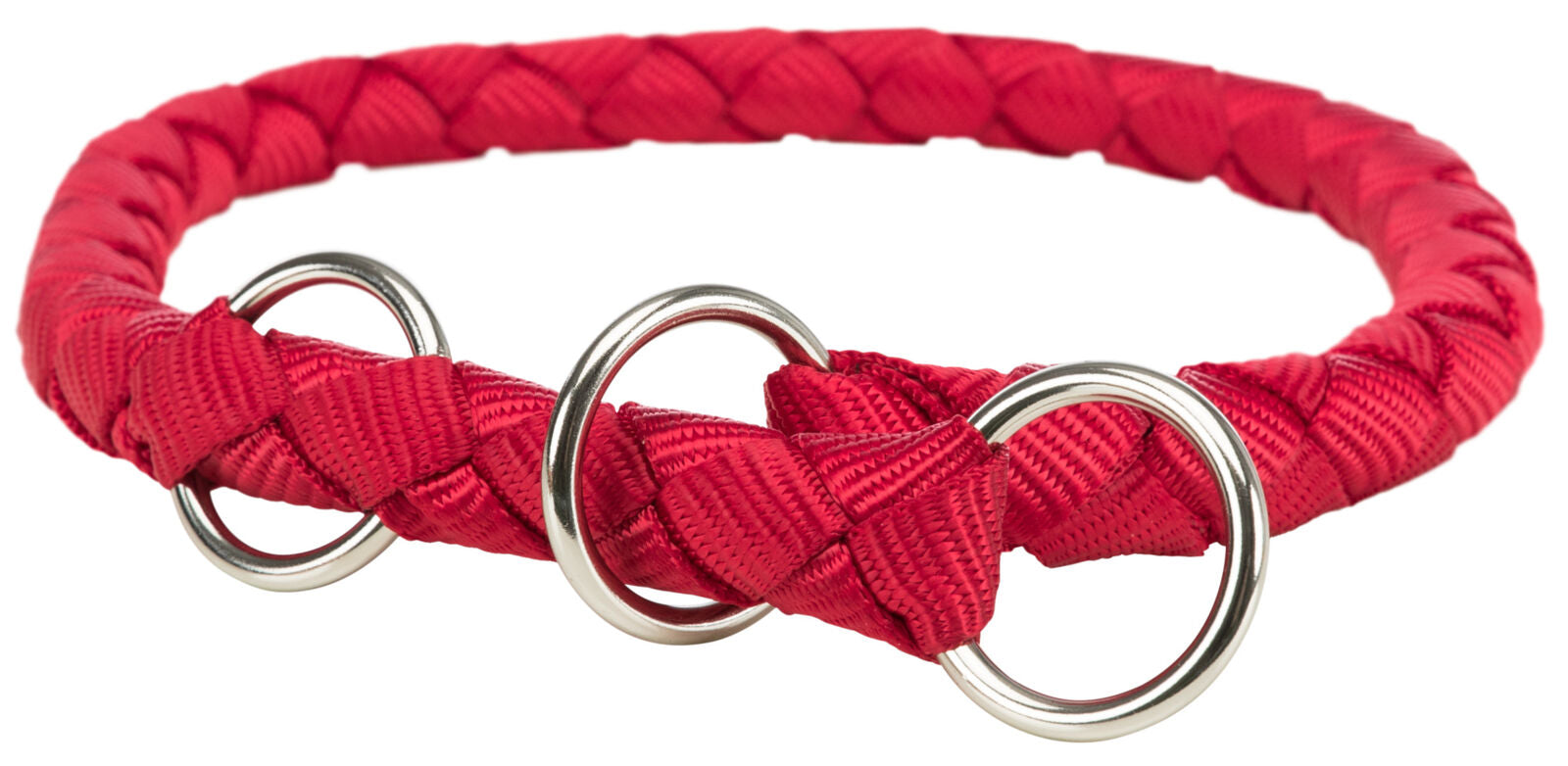 Geflochtenes rotes Halsband mit drei silbernen Metallringen.