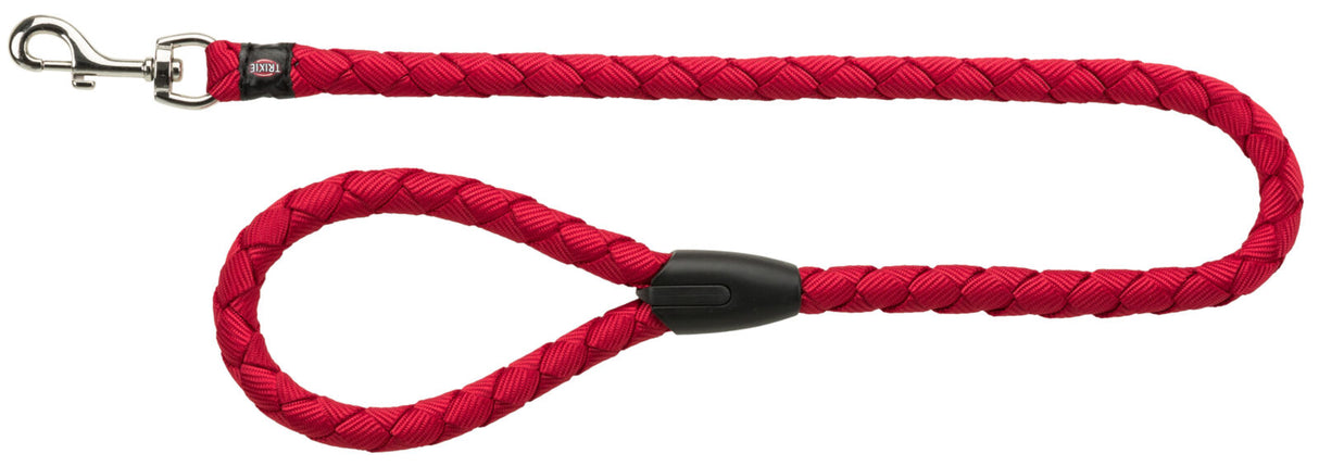 Rote, geflochtene Hundeleine mit schwarzem Griff und silbernem Karabinerhaken, Text „TRIXIE“ sichtbar.