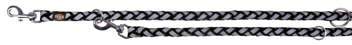 Geflochtene Hundeleine in Schwarz und Grau mit zwei Karabinerhaken und Metallring, roten "Trixie"-Label.