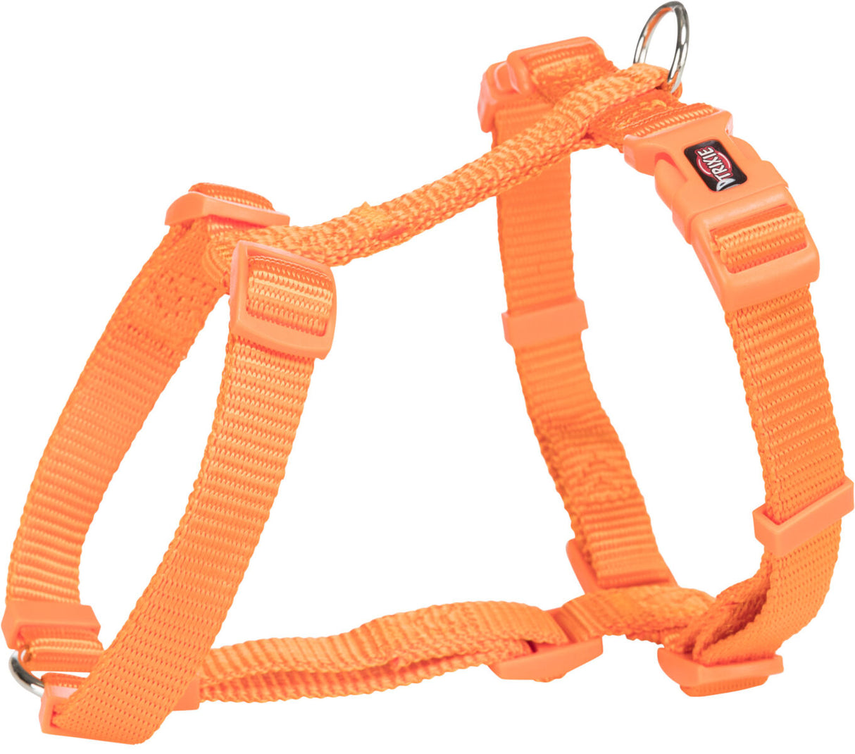 Orangefarbiges Hundegeschirr aus Nylon mit verstellbaren Riemen und Schnallen, Metallring zur Befestigung.