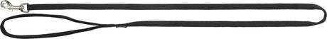 Schwarze Hundeleine mit silbernem Karabinerhaken, rechteckige Form, einfacher Griffbereich.