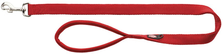 Rote Hundeleine mit Metallschnalle und Handschlaufe aus festem Material.