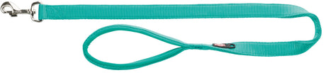 Grüne Hundeleine mit Metallkarabiner und Handschlaufe aus gewebtem Material.