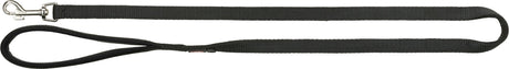Schwarze Hundeleine mit Handschlaufe und Karabiner, aus festem Material, für Haustierführung geeignet.