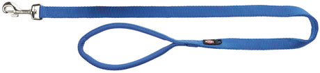 Blaue Hundeleine mit einem Metallkarabiner und einer Schlaufe am anderen Ende.