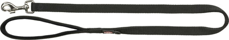 Schwarze Hundeleine aus Nylon mit Handschlaufe und silbernem Karabinerhaken, flach und lang.