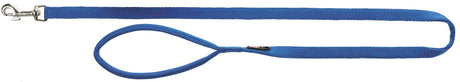 Blaue Hundeleine mit Metallkarabiner und Handschlaufe, aus robustem Material, für tägliche Spaziergänge geeignet.