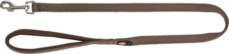 Braune Hundeleine mit Karabinerhaken aus Metall und gepolsterter Schlaufe.