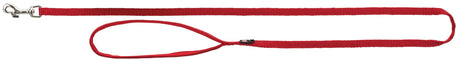 Rote Hundeleine mit verchromtem Karabinerhaken und Schlaufe, aus festem Gewebe.