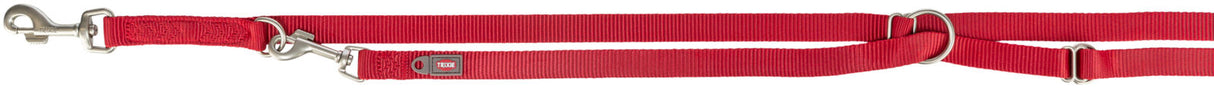 Rote Hundeleine aus gewebtem Material mit silbernem Karabinerhaken und Metallringen.