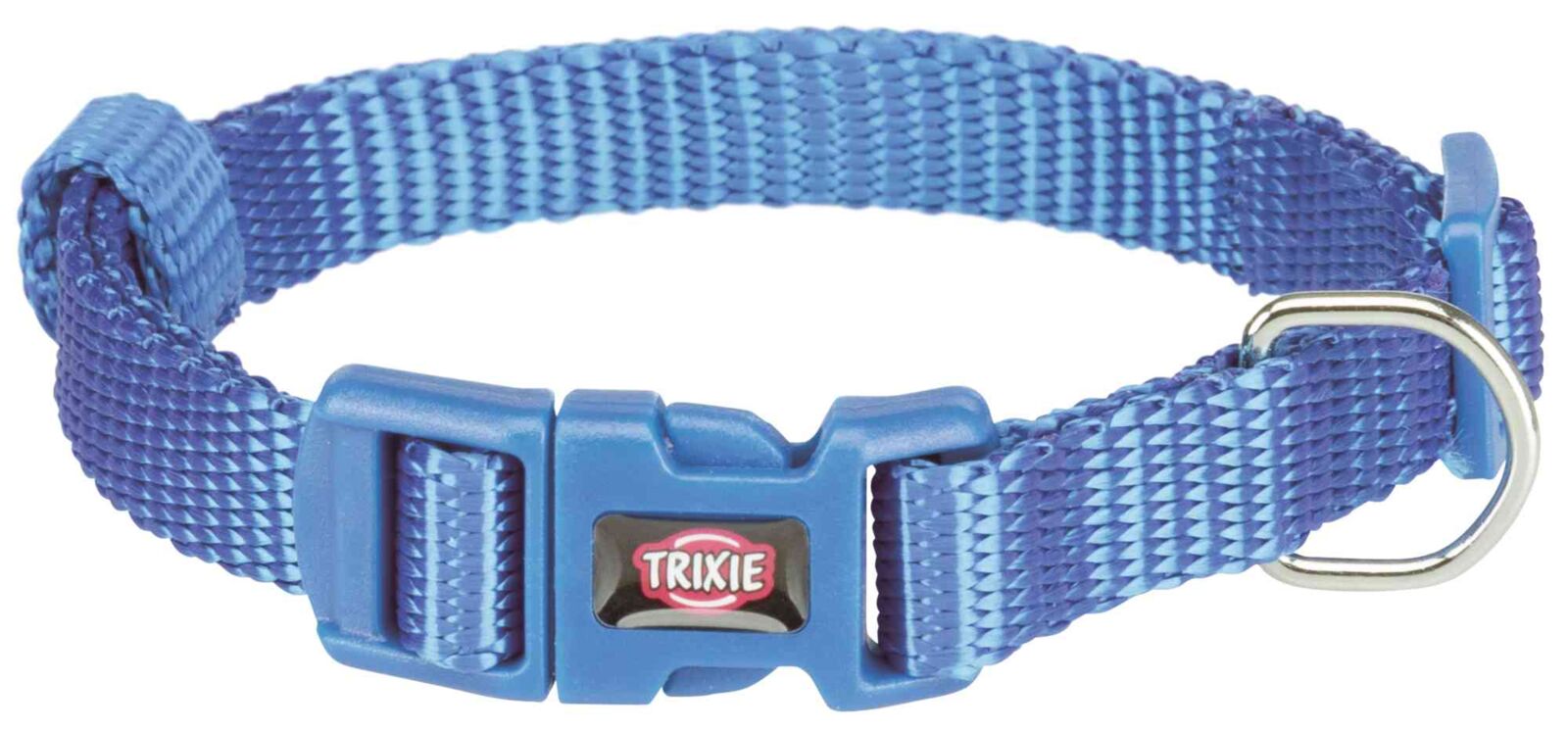 Blaues Hundehalsband aus geflochtenem Material mit Steckverschluss und Metallring, Logo "Trixie" sichtbar.