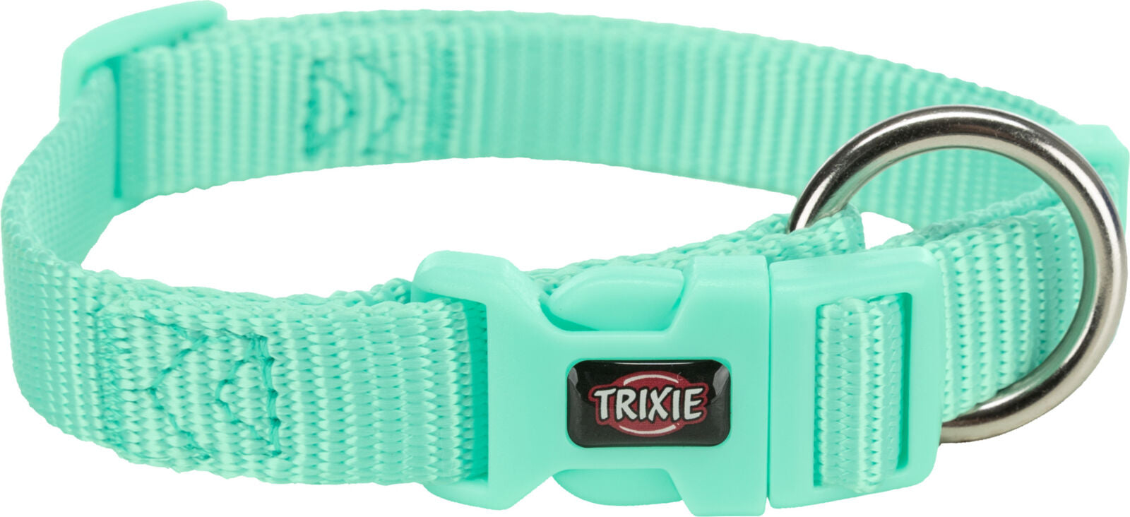 Türkises Hundehalsband mit Schnalle und Ring aus Metall, Label "TRIXIE" sichtbar.