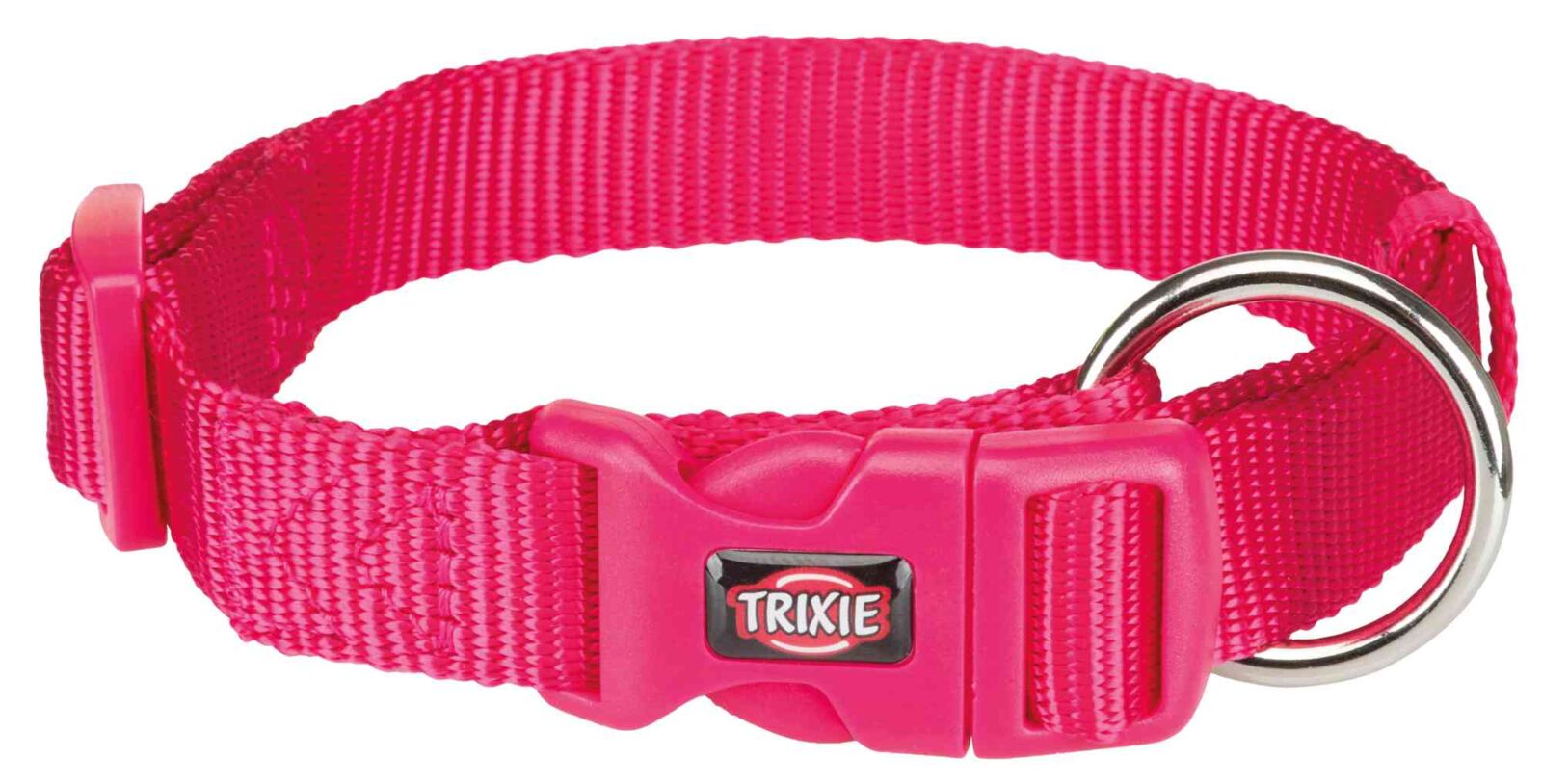 Rotes Hundehalsband aus Nylon mit Kunststoffverschluss und Metallring, Logo "TRIXIE" sichtbar.