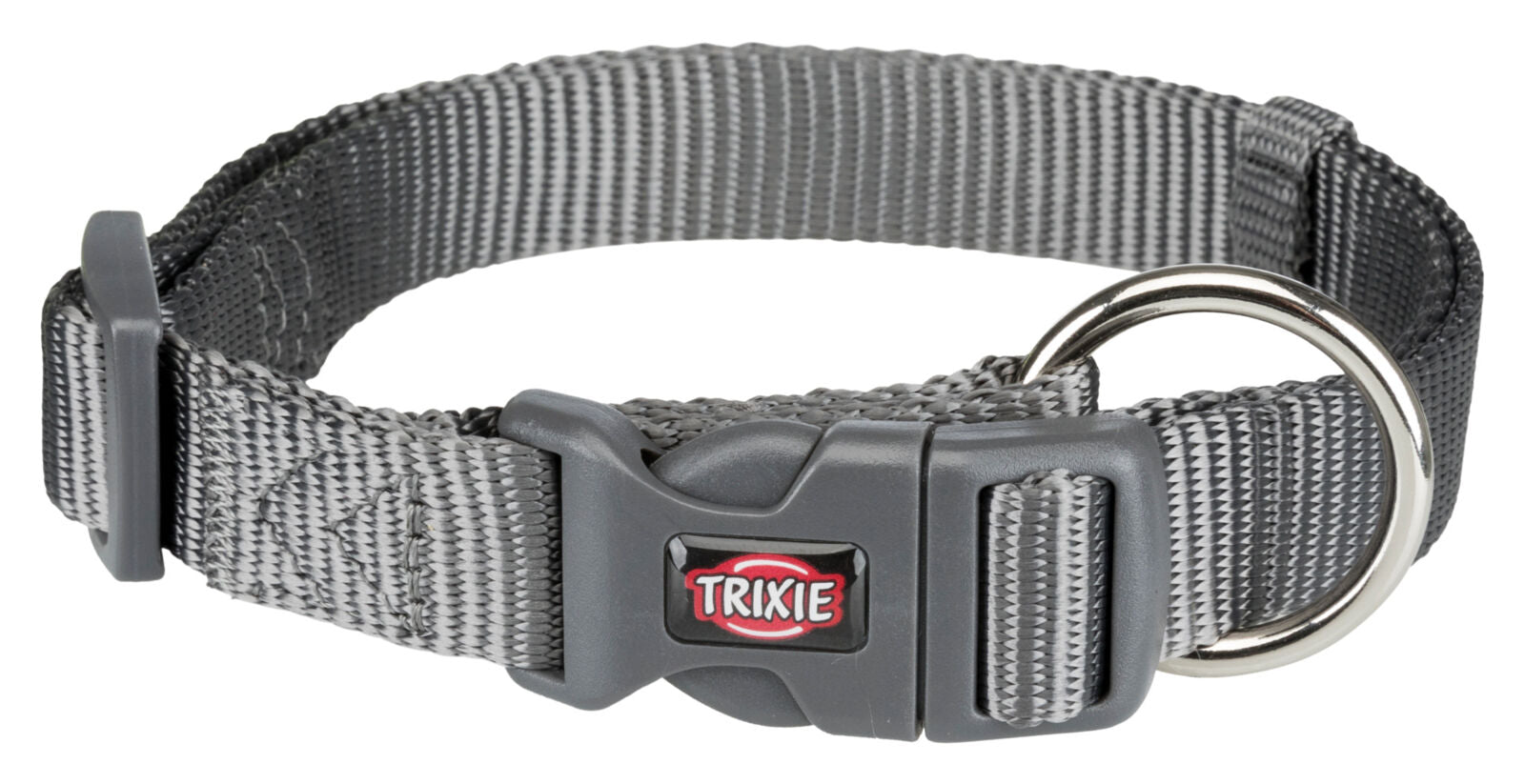 Graues Hundehalsband mit schwarzer Schnalle und silbernem D-Ring, Marke "Trixie" erkennbar.