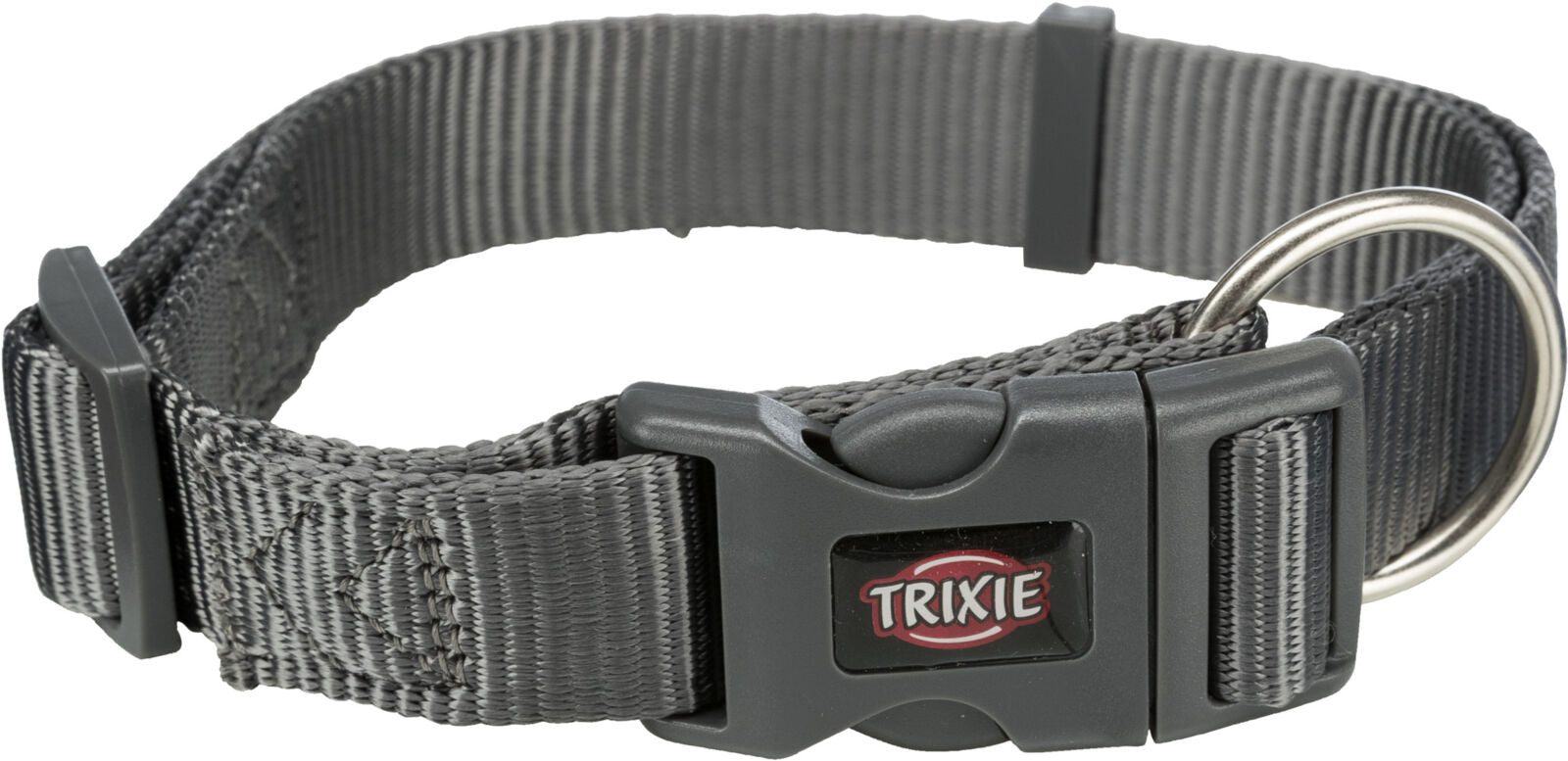 Graues Hundehalsband aus gewebtem Material mit Kunststoffverschluss und einem Metallring, Markenlogo „TRIXIE“.
