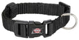 Schwarzes Hundehalsband mit Steckverschluss und D-Ring, Text "TRIXIE" auf dem Verschluss sichtbar.