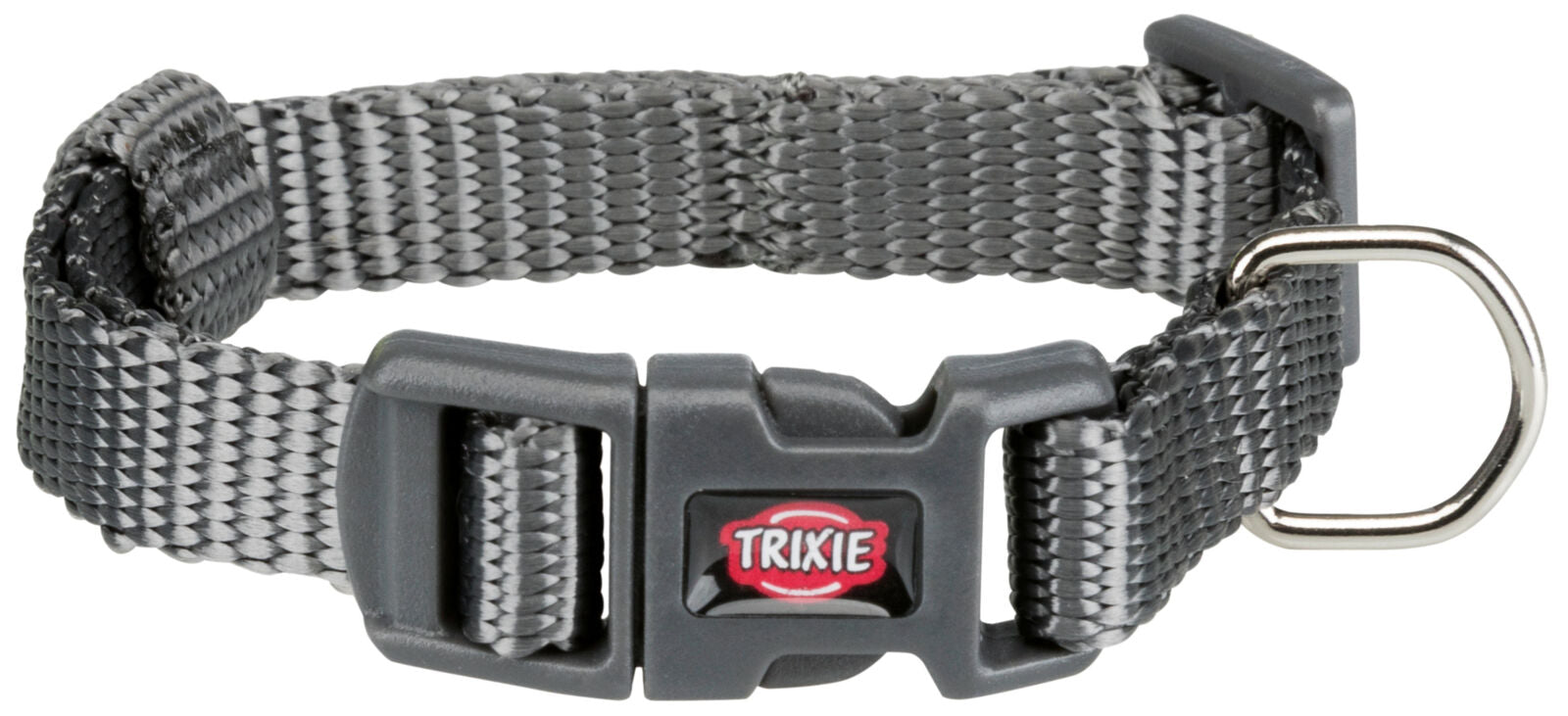 Graues Hundehalsband aus gewebtem Material mit Schnalle und Metallring, Marke "Trixie" sichtbar.