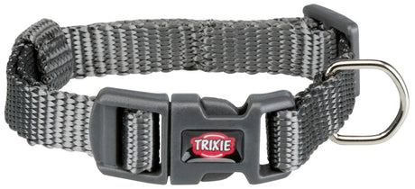 Graues Hundehalsband aus gewebtem Material mit Schnalle und Metallring, Marke "Trixie" sichtbar.