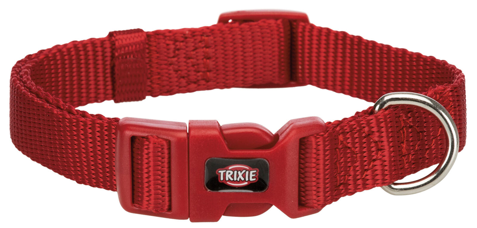 Rotes Hundehalsband mit Klickverschluss und silbernem D-Ring, Marke Trixie, aus gewebtem Material.