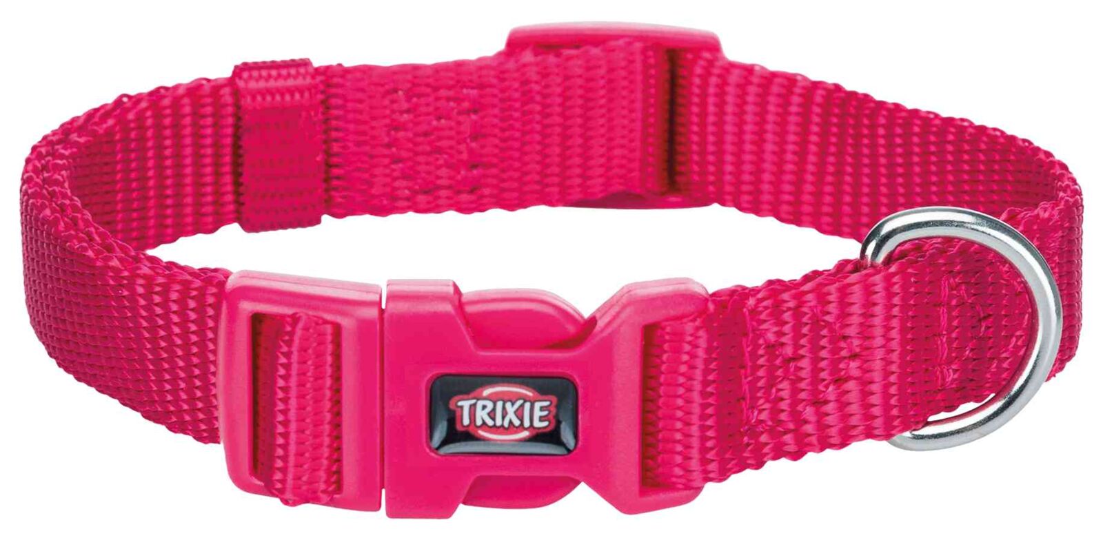 Rotes, verstellbares Hundehalsband aus Nylon mit Klickverschluss und silbernem D-Ring.