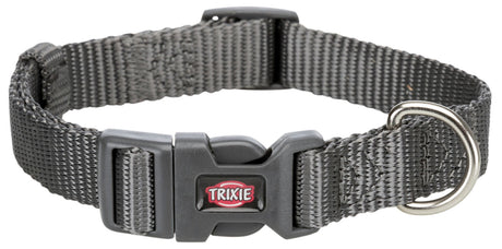 Graues Hundehalsband aus geflochtenem Material mit Kunststoffverschluss und Metallring, Logo "Trixie".