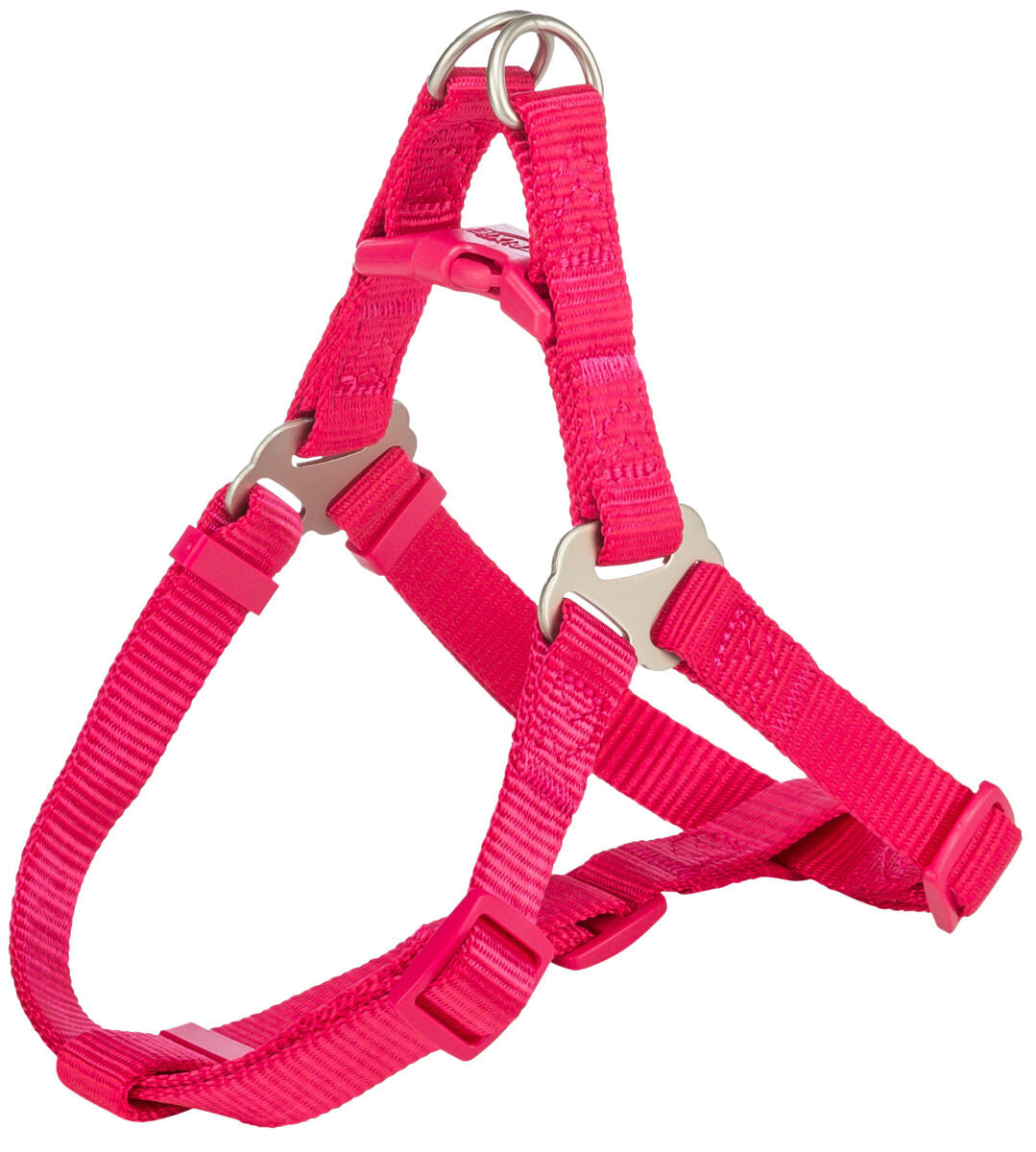 Rosa Hundegeschirr mit verstellbaren Riemen und silberfarbenen Metallringen.