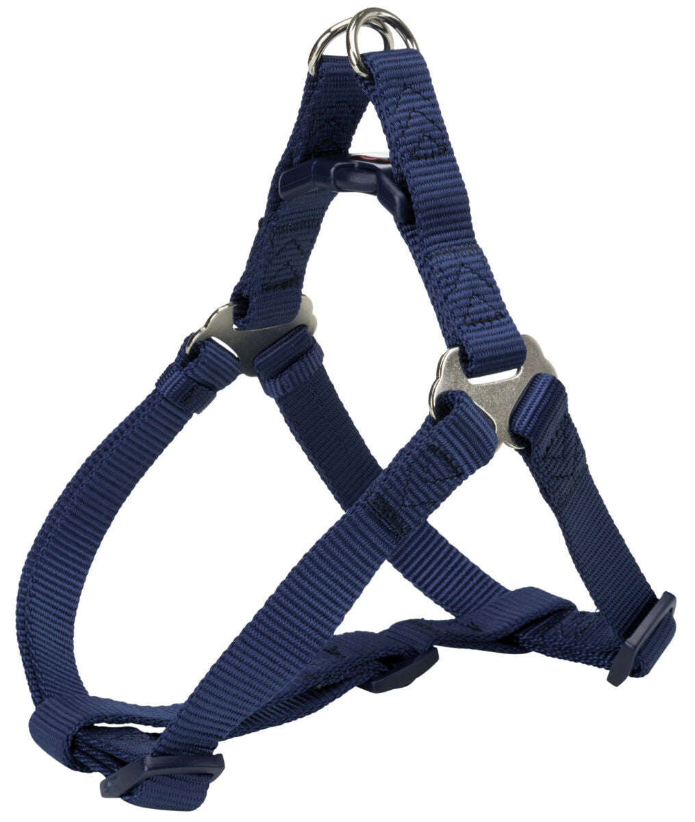 Dunkelblaues, verstellbares Hundegeschirr aus robustem Material mit Metallringen und Klickverschluss.