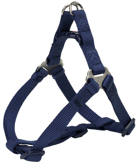 Dunkelblaues, verstellbares Hundegeschirr aus robustem Material mit Metallringen und Klickverschluss.