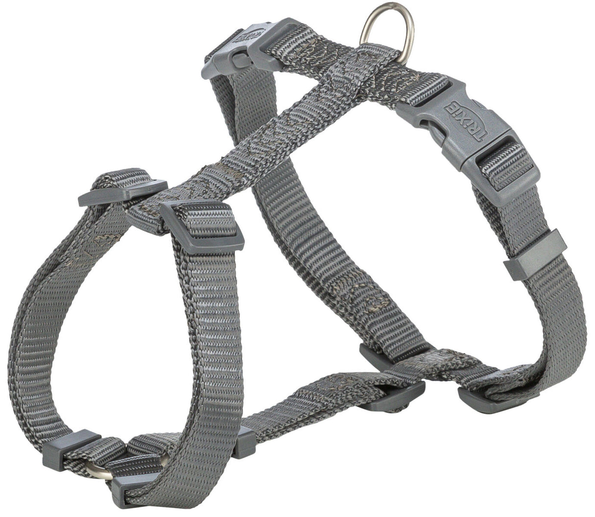 Graues verstellbares Hundegeschirr mit Kunststoffverschlüssen und einem Metallring, neutrale Beschaffenheit.