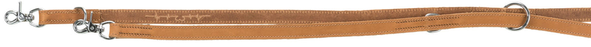 Braunes Lederband mit silbernen Metallringen und Karabinerhaken, längs mit Nähten verziert.