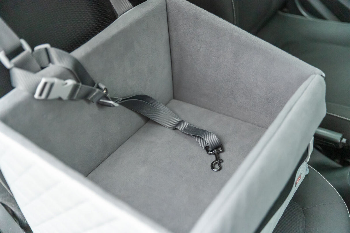 Grauer Transportsitz mit Sicherheitsgurt befindet sich in einem Fahrzeug.