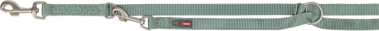 Grüne Hundeleine mit zwei Metallhaken und einem D-Ring, Material gewebt, Label "TRIXIE" sichtbar.