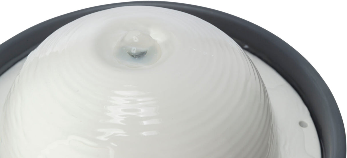 Weiße kuppelförmige Struktur mit Wasseransammlung oben, umgeben von einem grauen Rand.