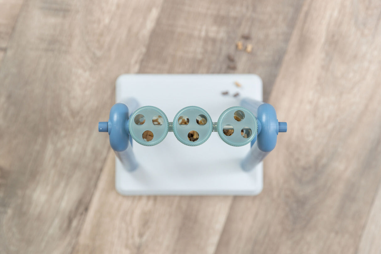 Rotierendes Spielzeug mit drei blauen Scheiben auf einem weißen Sockel, darauf verteilt kleine Leckerbissen.