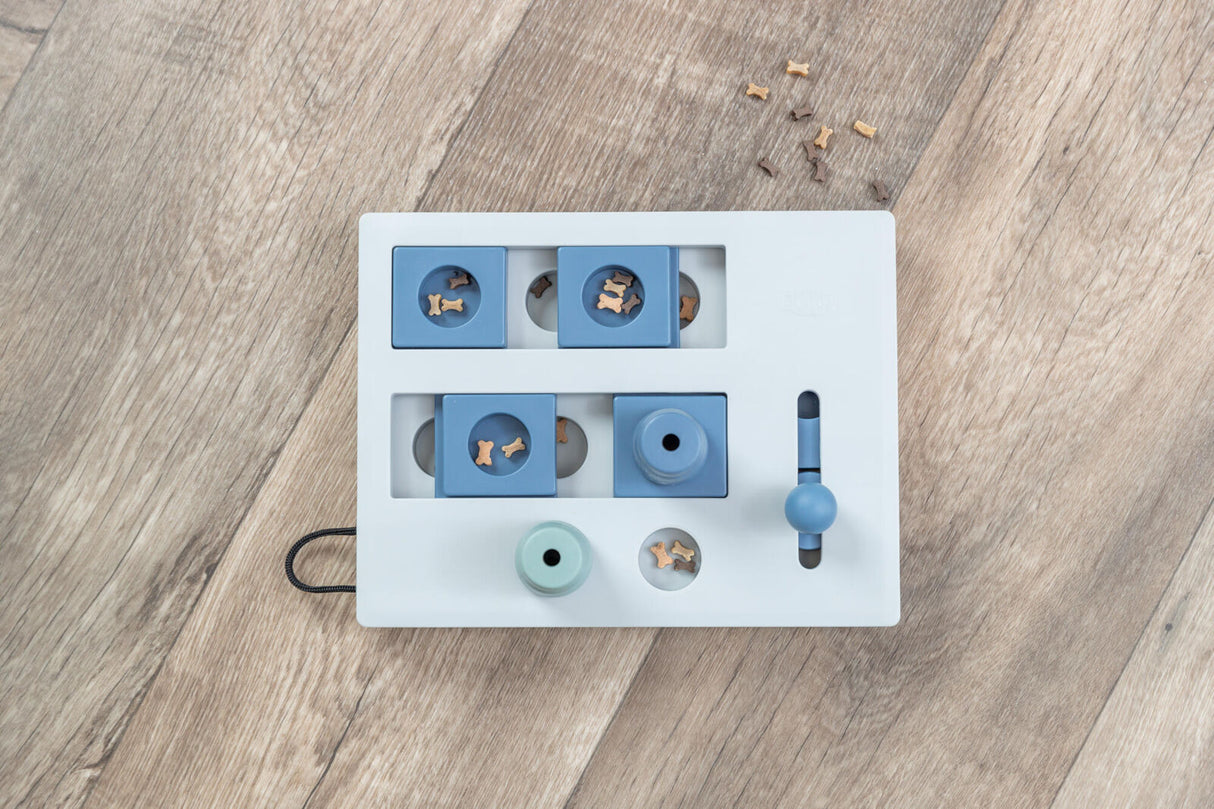 Puzzle-Spielzeug für Hunde mit blauen und weißen Elementen liegt auf Holzboden.