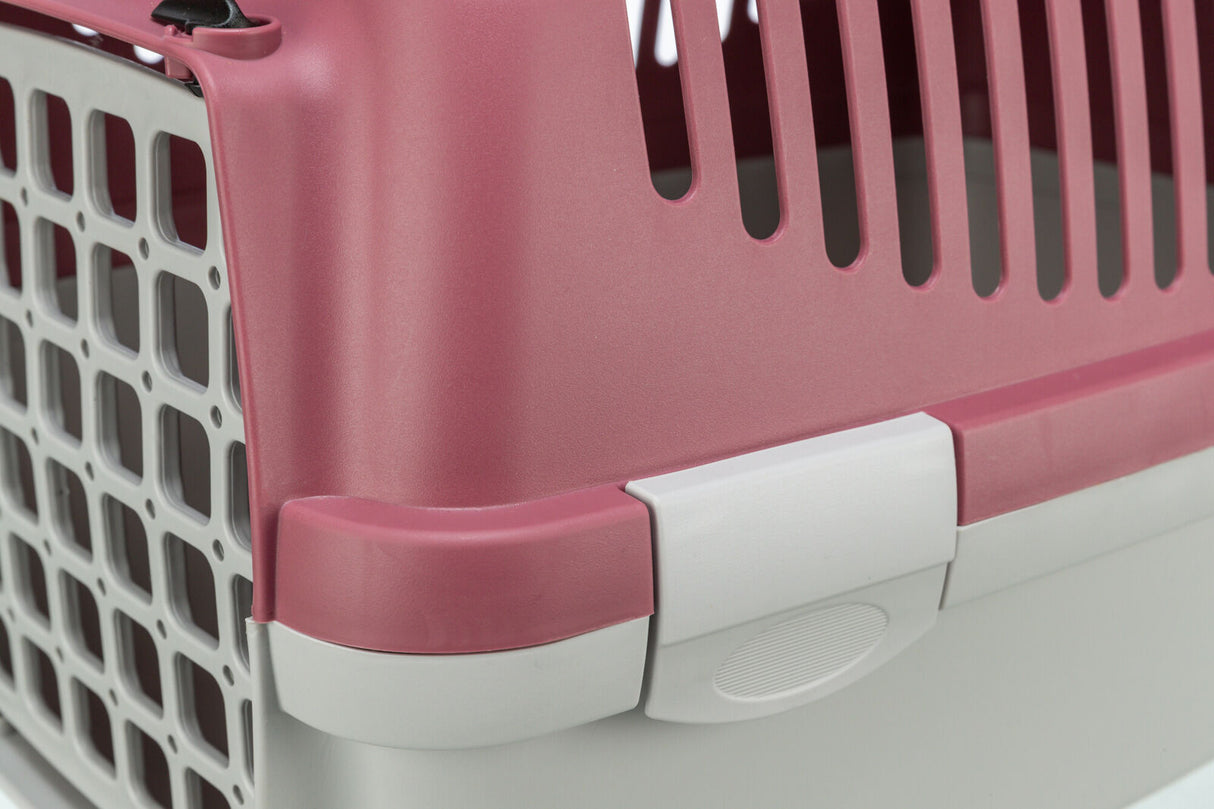 Rosa und graue Transportbox aus Kunststoff mit Lüftungsschlitzen und verriegelbarem Verschluss.