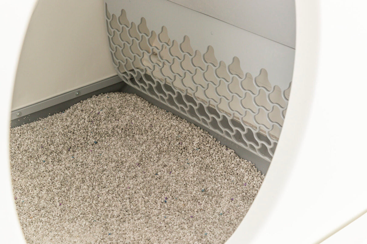 Helles Fach mit geometrischem Muster enthält graue, körnige Streu auf dem Boden, eingerahmt von hellen Wänden.