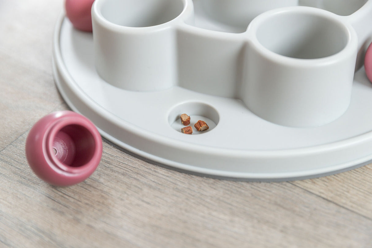 Rundes Puzzle-Spielzeug mit weißen und rosa Elementen auf hellem Holzboden, einige Leckerlis in der Mitte.