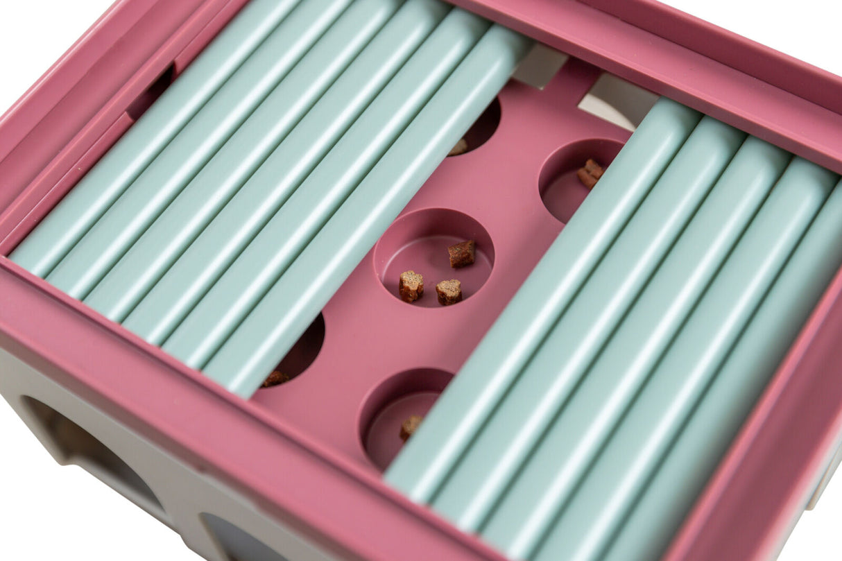 Ein rechteckiges Puzzle in Rosa und Blau mit Rillen und runden Vertiefungen, die kleine braune Stücke enthalten.