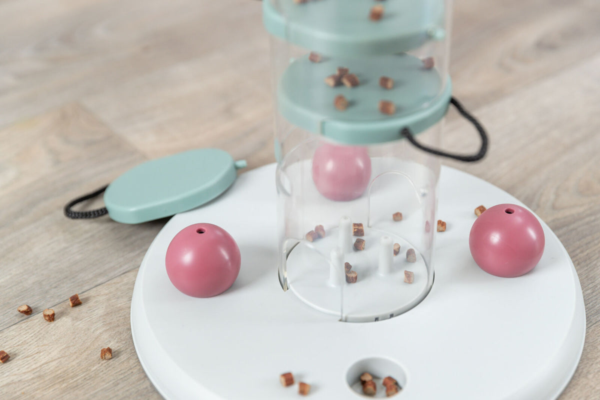Rundes weißes Spielzeug mit rosa Kugeln und braunen Leckerlis auf einem Holzboden, zylinderförmige, transparente Säule in der Mitte.