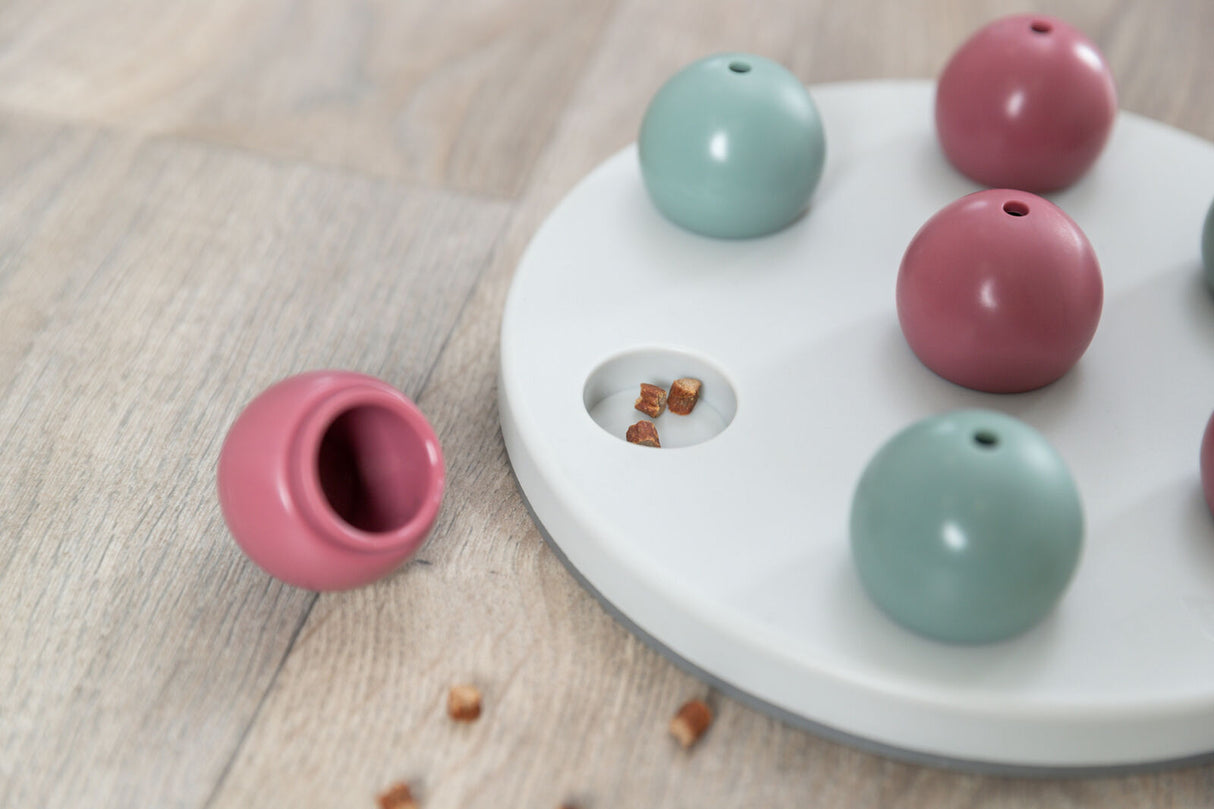 Rundes Spielbrett mit rosa und blauen Kugeln auf Holzboden, sichtbare Leckerli in einer Öffnung.